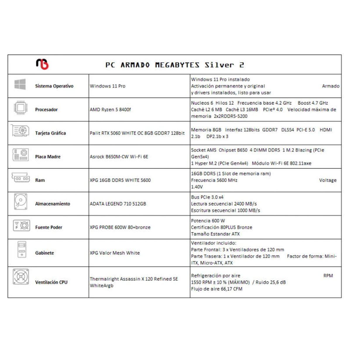 GENERICO - PC Gamer Silver 2  Ryzen 5 8400F  RTX 5060 WHITE 16 Gb Ddr5 512GB Nvme