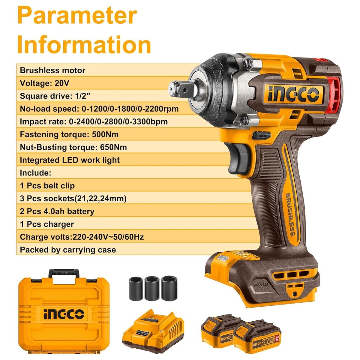 INGCO - Llave Pistola Impacto Ingco Bl 12 20v 500nm Ciwli2050 + Acc