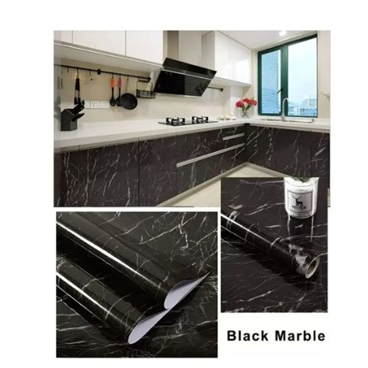 GENERICO - Papel Color Negro Para Pared Papel Mural Pvc Autoadhesivo Mármol 2mts