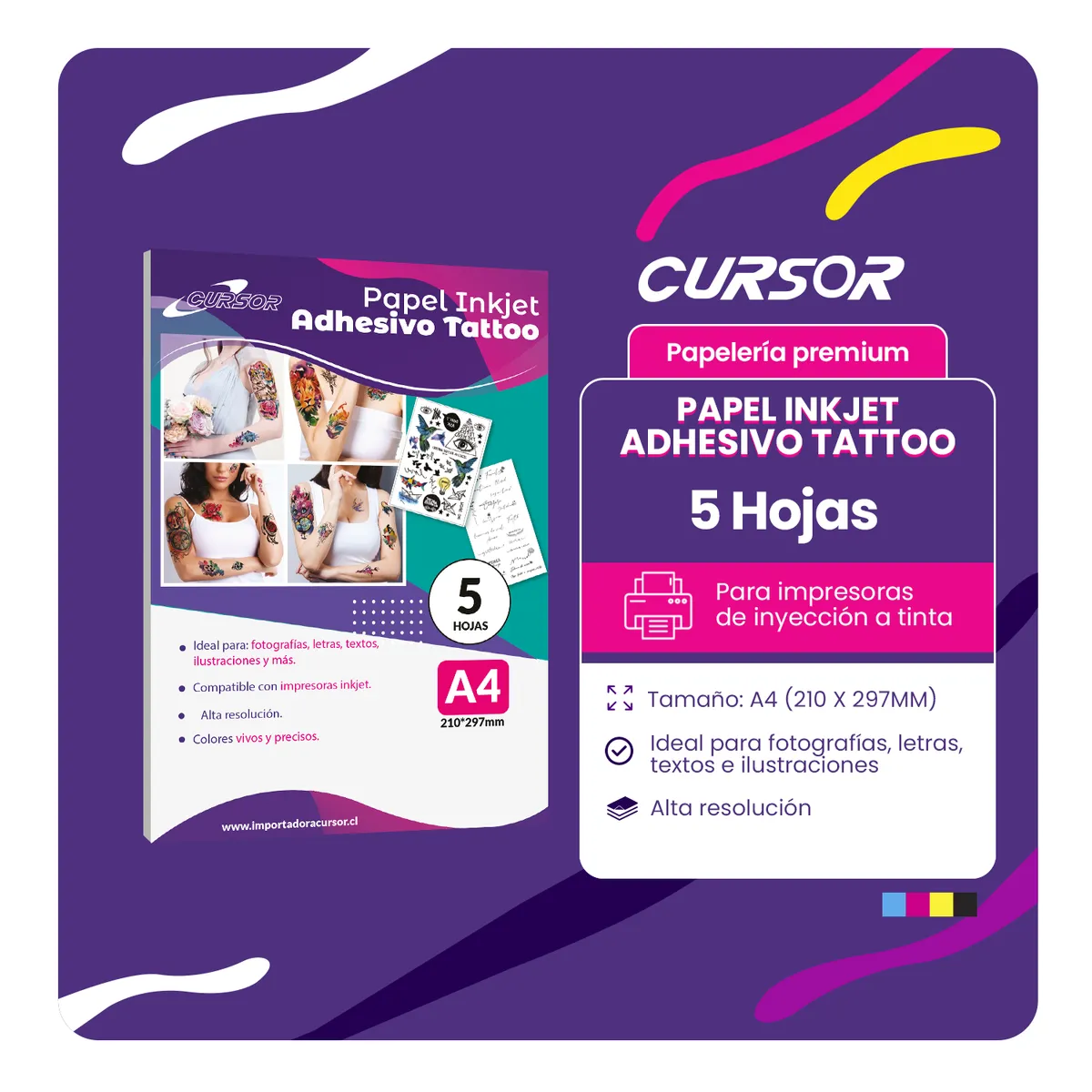 CURSOR - PAPEL TATUAJE TRANSPARENTE INKJET 5 HOJAS A4 CURSOR - Blanco - A4