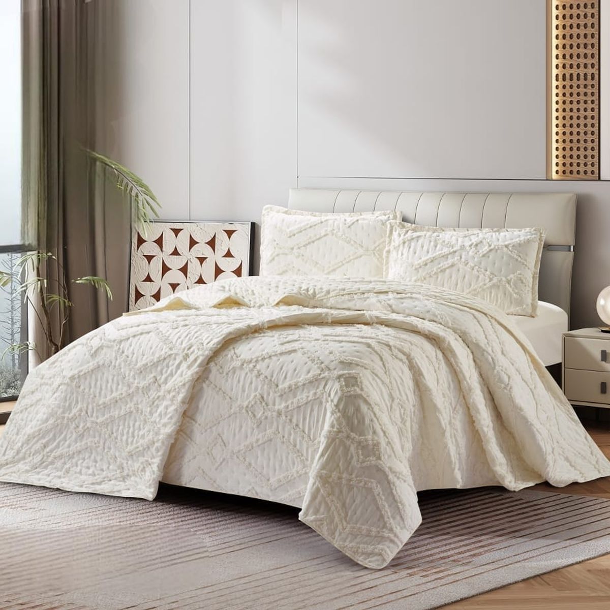 GENERICO - Cubrecama de Verano King Tipo Tufting con relieve Blanco TFCR09