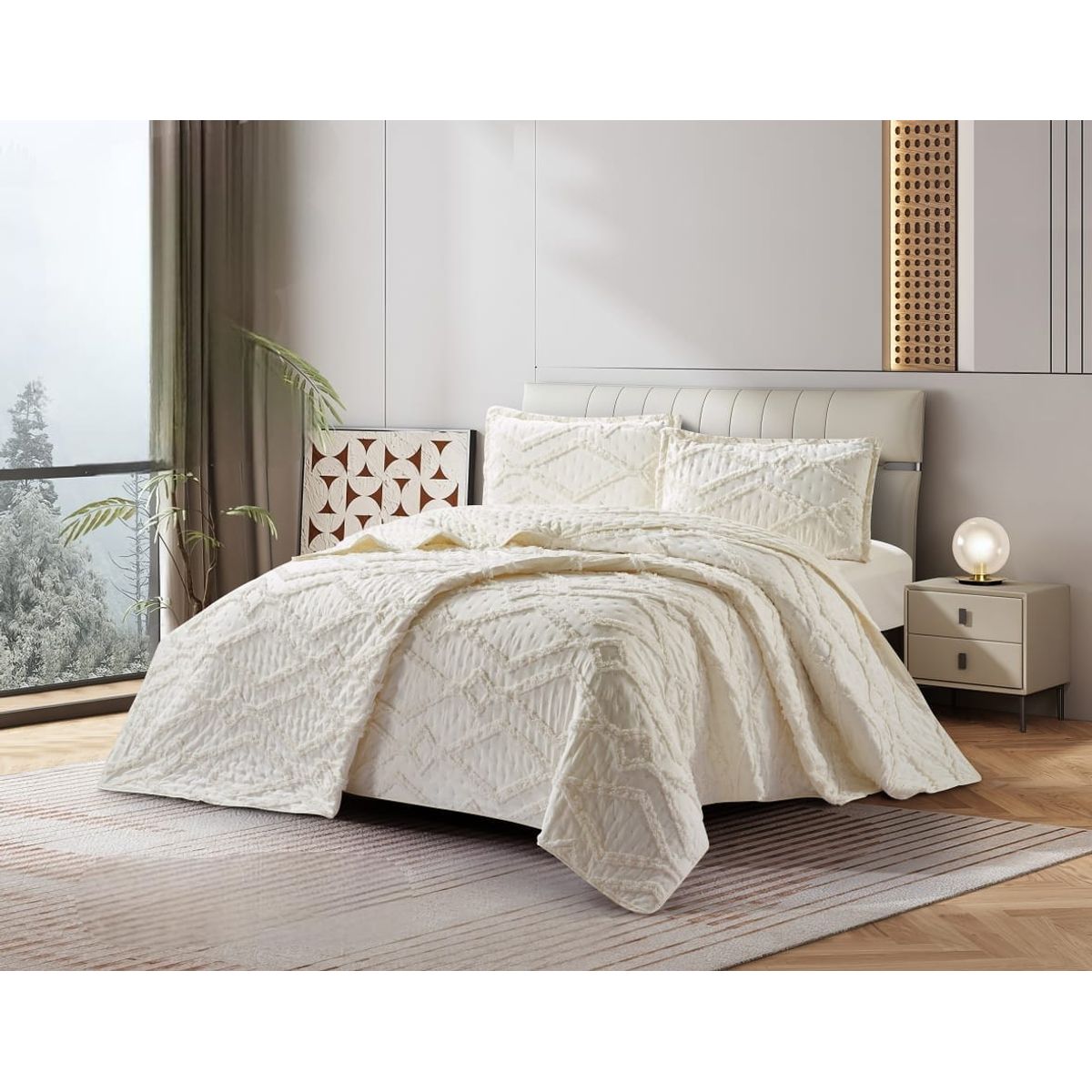 GENERICO - Cubrecama de Verano King Tipo Tufting con relieve Blanco TFCR09