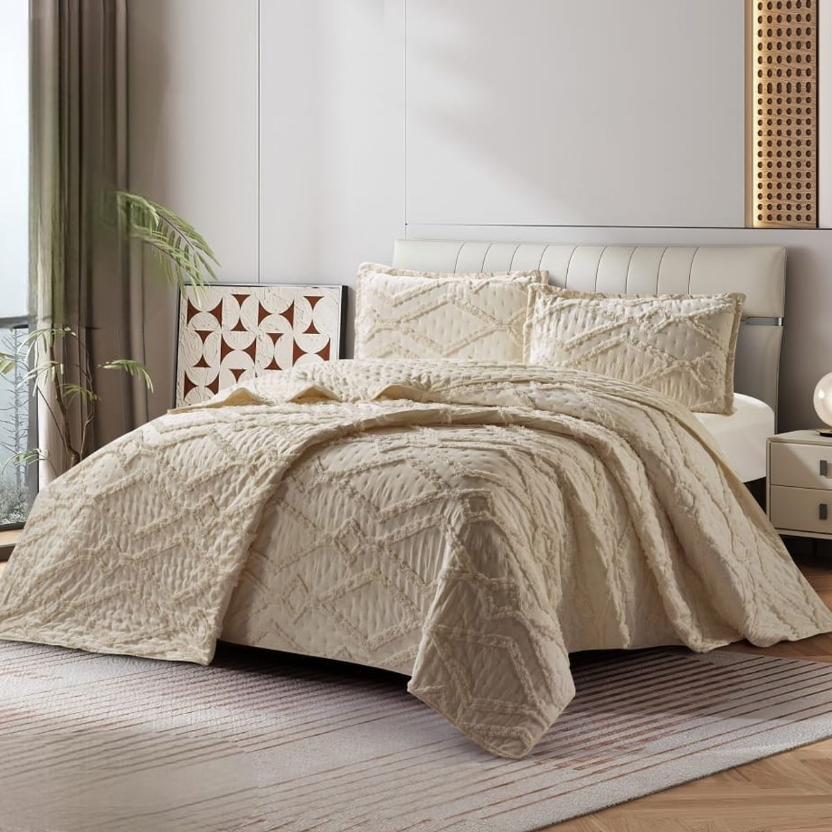 GENERICO - Cubrecama de Verano King Tipo Tufting con relieve Beige TFCR10