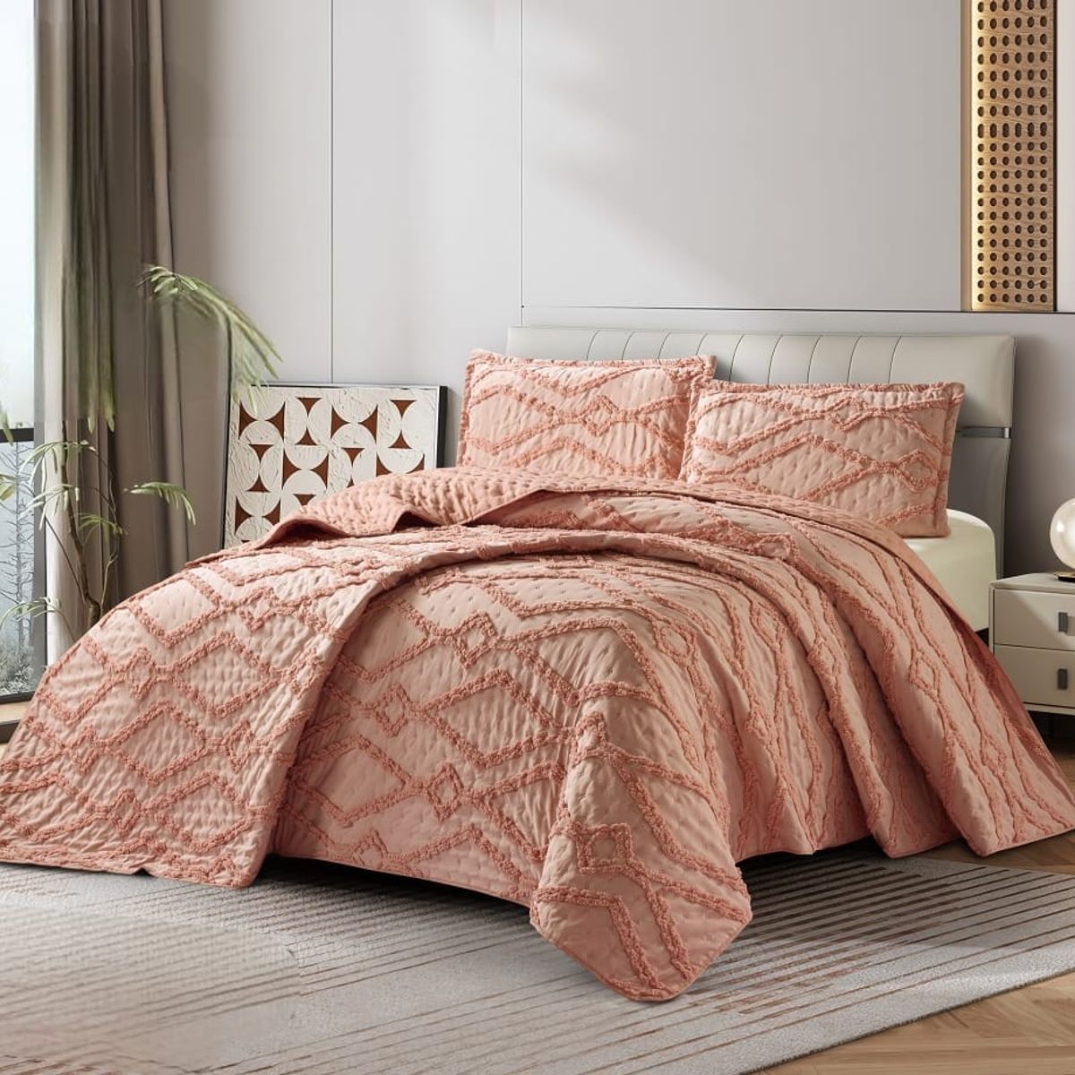 GENERICO - Cubrecama de Verano King Tipo Tufting con relieve Palo Rosa TFCR11