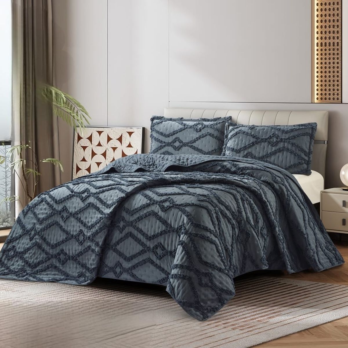 GENERICO - Cubrecama de Verano 2 p Tipo Tufting con relieve Gris Oscuro TFCR07