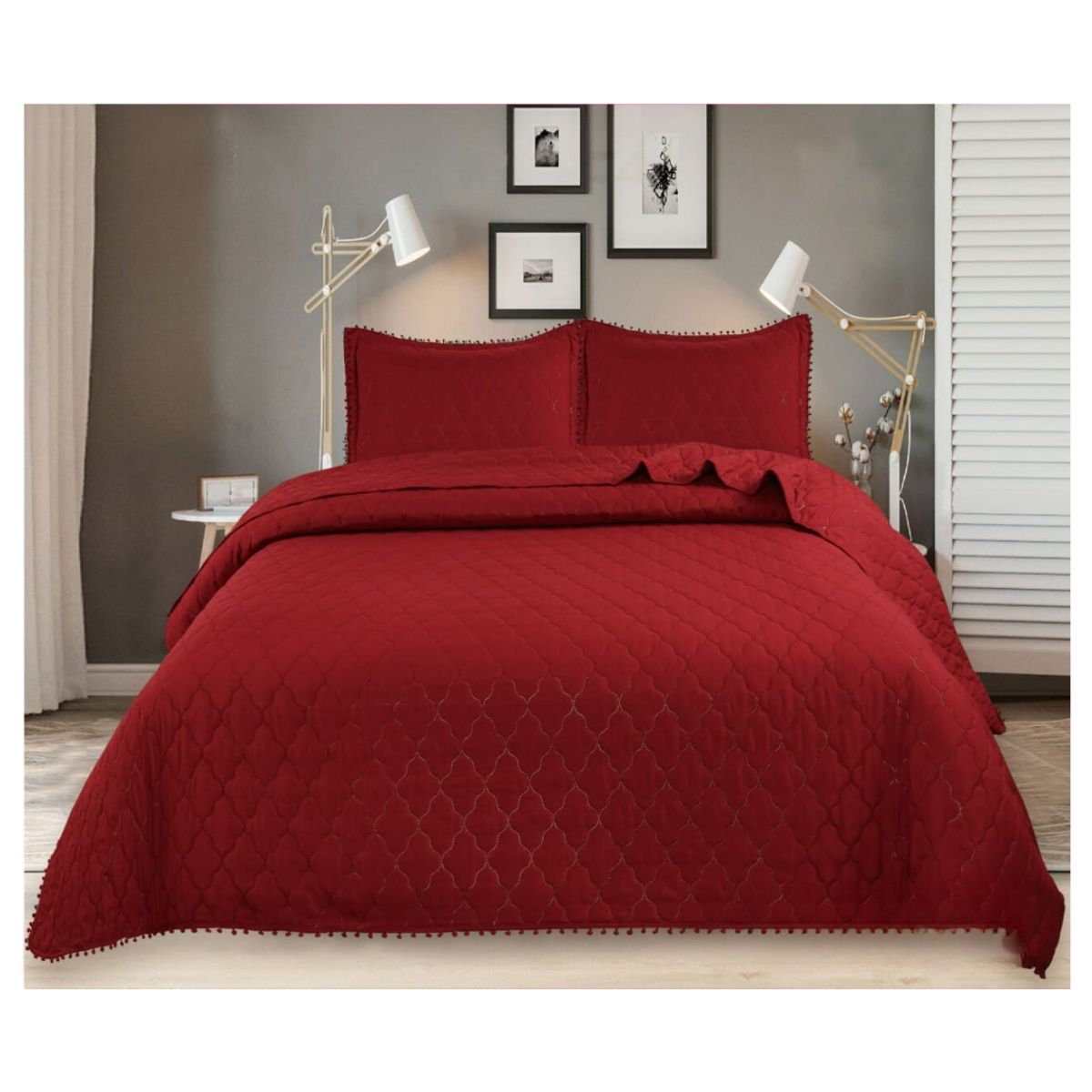 GENERICO - Cubrecama Quilt Verano king Diseño Pompón + 02 Fundas Almohada