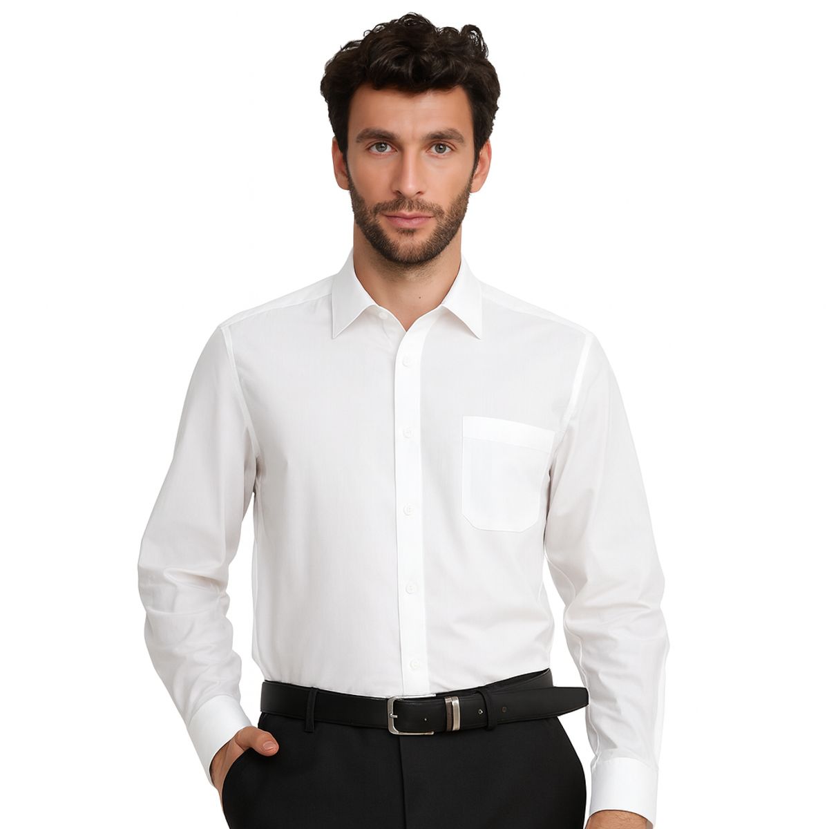TRIAL - Camisa Formal Hombre Blanco Cuello Italiano Poplin con bolsillo