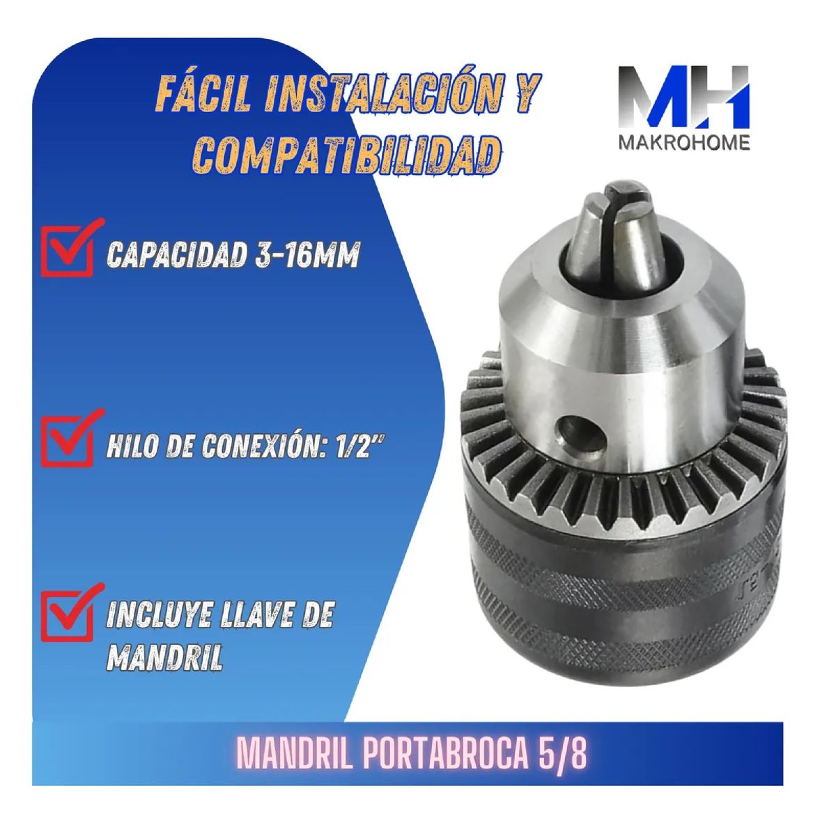 INGCO - Mandril Portabrocas Ingco Cinco Octavos + Llave Cap 3-16mm Rosca Media