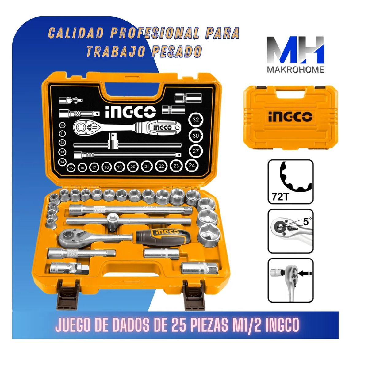 INGCO - Set De Dados Ingco Media 25 Pzas Maletin Chicharra 45 Dientes