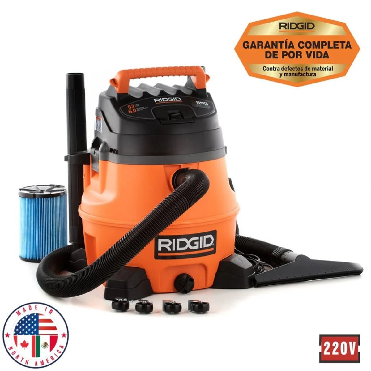 RIDGID - RIDGID Aspiradora Industrial 53L 6HP Seco Mojado Soplador 220V Filtro VF5000 Microban Modelo 50898