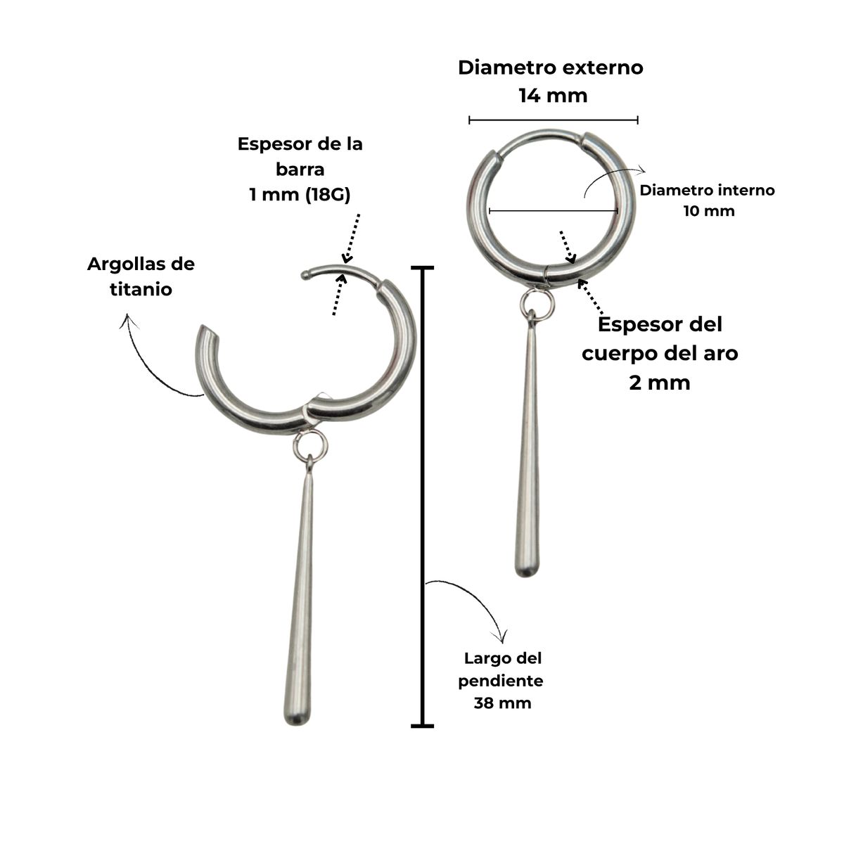 ELBAULDEJUMA - Argollas largas plateadas Zora 10mm  titanio ASTM F136
