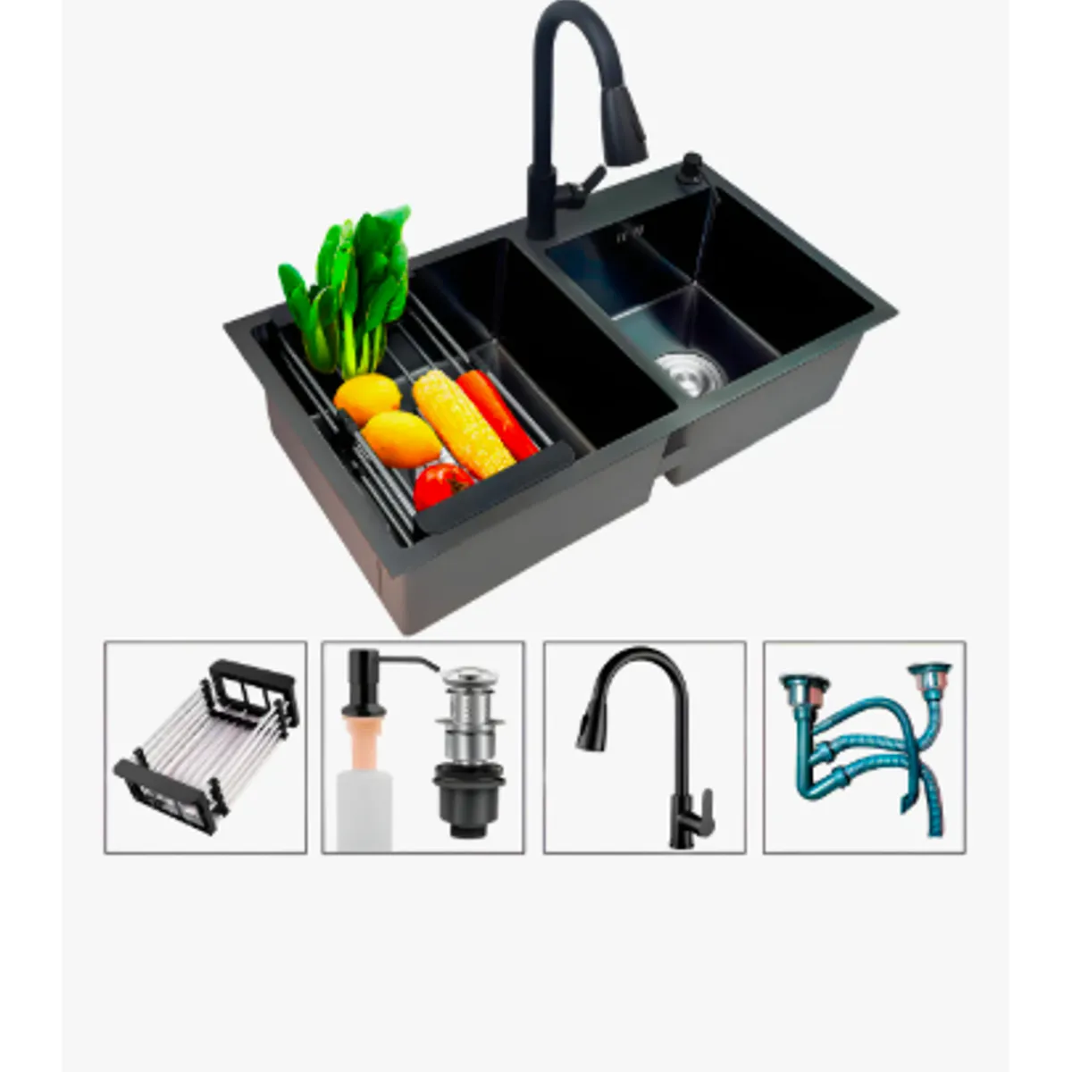 GENERICO - Lavaplatos 78x43cm Beiti Con Llave 2 Modos Accesorios Negro De Sobremesada Con Desague
