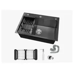 GENERICO - Lavaplatos 75x45 Cm Negro Deluxe + Rejilla Y Dispensador