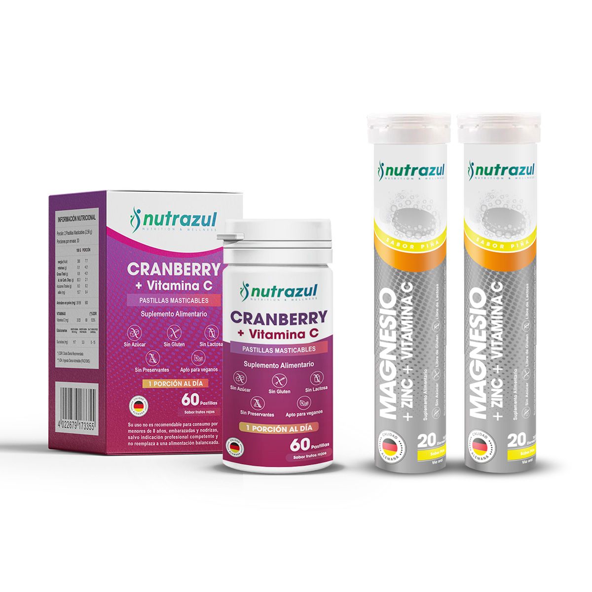 NUTRAZUL - Cranberry - Vitamina C + Magnesio -zinc - Pack 3 Unidades.