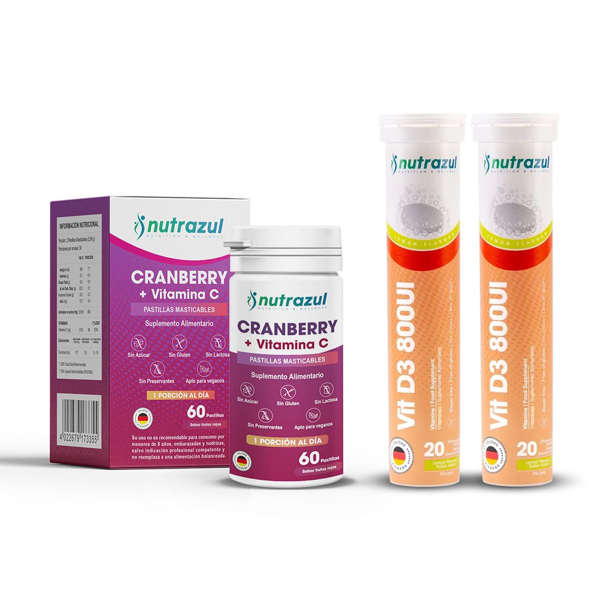 NUTRAZUL - Cranberry Vitamina C + Vitamina D3 Nutrazul Pack 3 Unidades