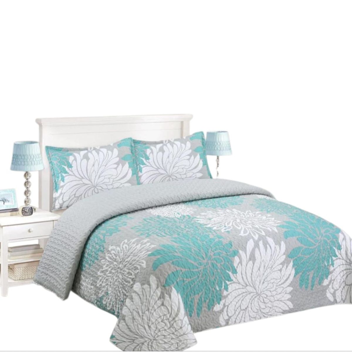 GENERICO - Cubrecama Quilt Plaza y Media Gris Flor Turquesa