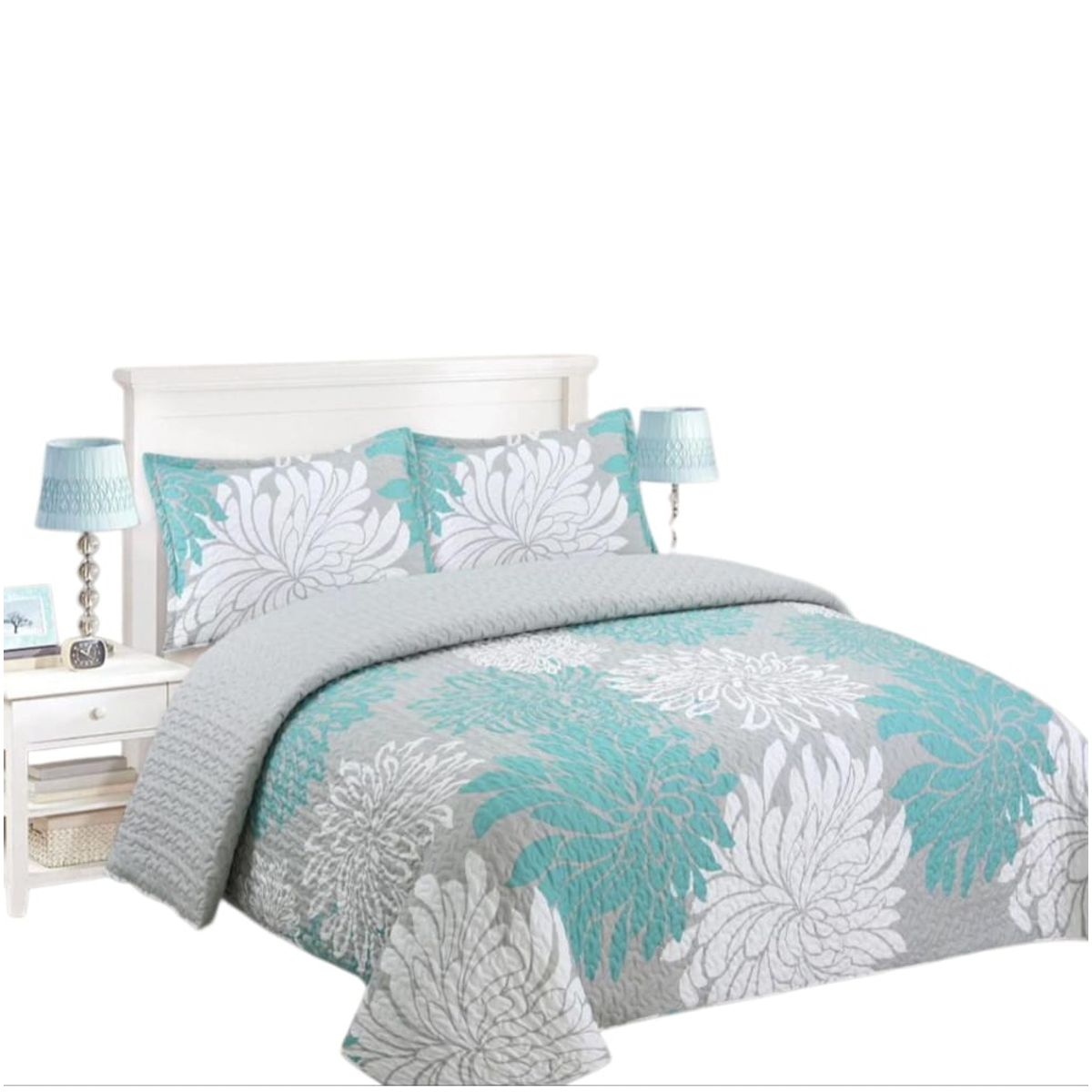 GENERICO - Cubrecama Quilt Plaza y Media Gris Flor Turquesa