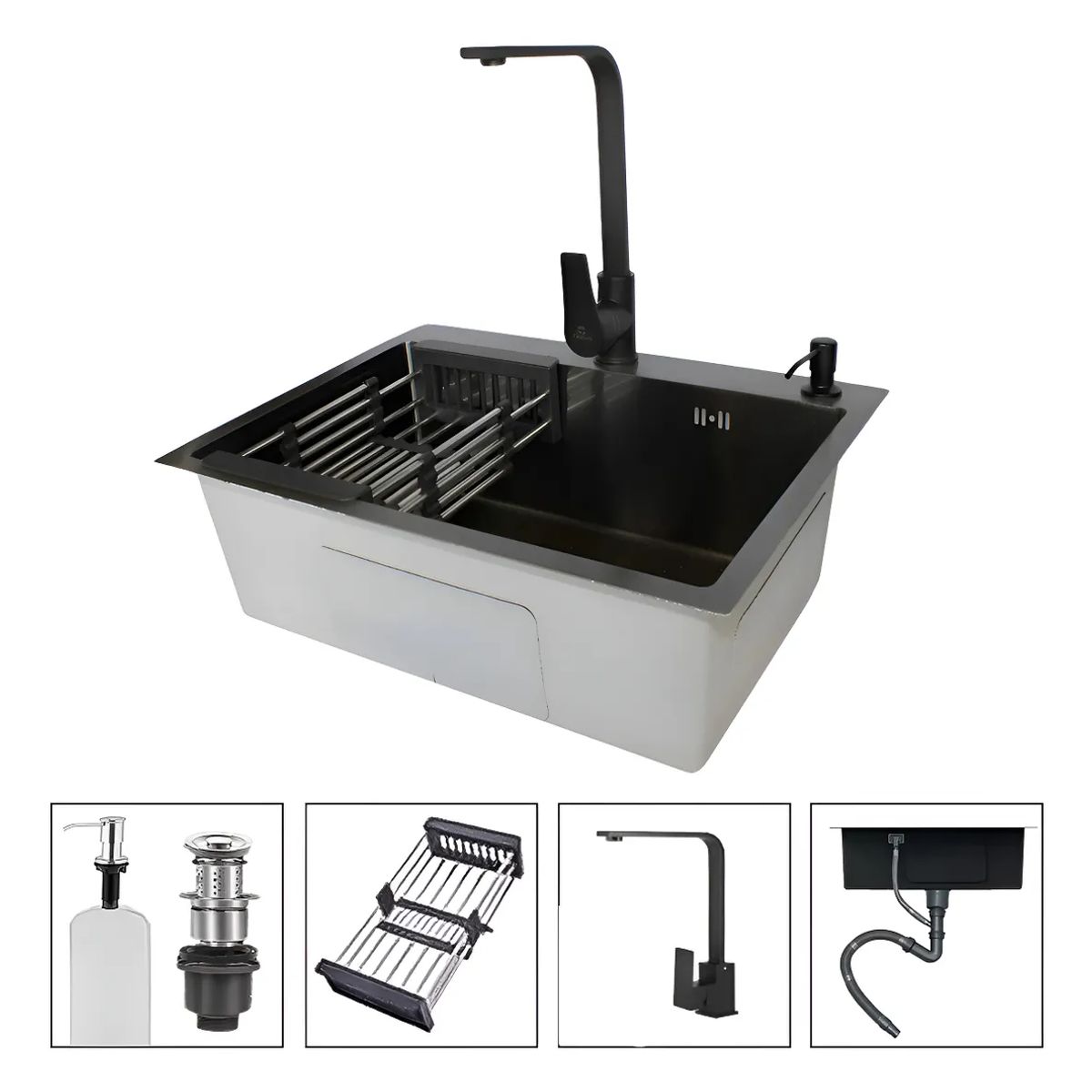 GENERICO - Lavaplatos 60x45 Cm Negro Con Accesorios griferia Extraible