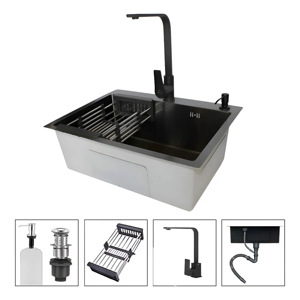 GENERICO - Lavaplatos 60x45 Cm Negro Con Accesorios griferia Extraible
