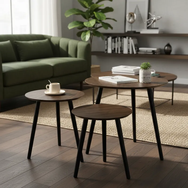 EVERSO - Set De 3 Mesa Centro Minimalista Madera Redonda Decorativa