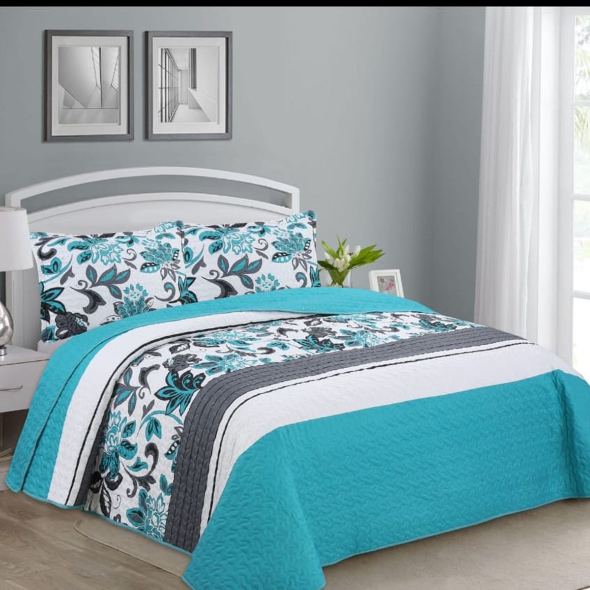 GENERICO - Cubrecama Quilt Plaza y Media Turquesa Hoja