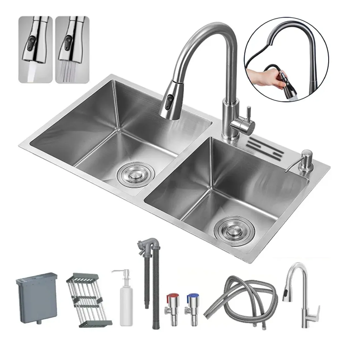 KUANGYE - Lavaplato Empotrado 80x45cm Fregadero doble tazón cocina Acero Inoxidablecon rejilla y dispensador