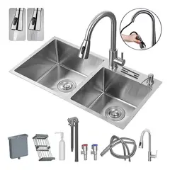 KUANGYE - Lavaplato Empotrado 80x45cm Fregadero doble tazón cocina Acero Inoxidablecon rejilla y dispensador