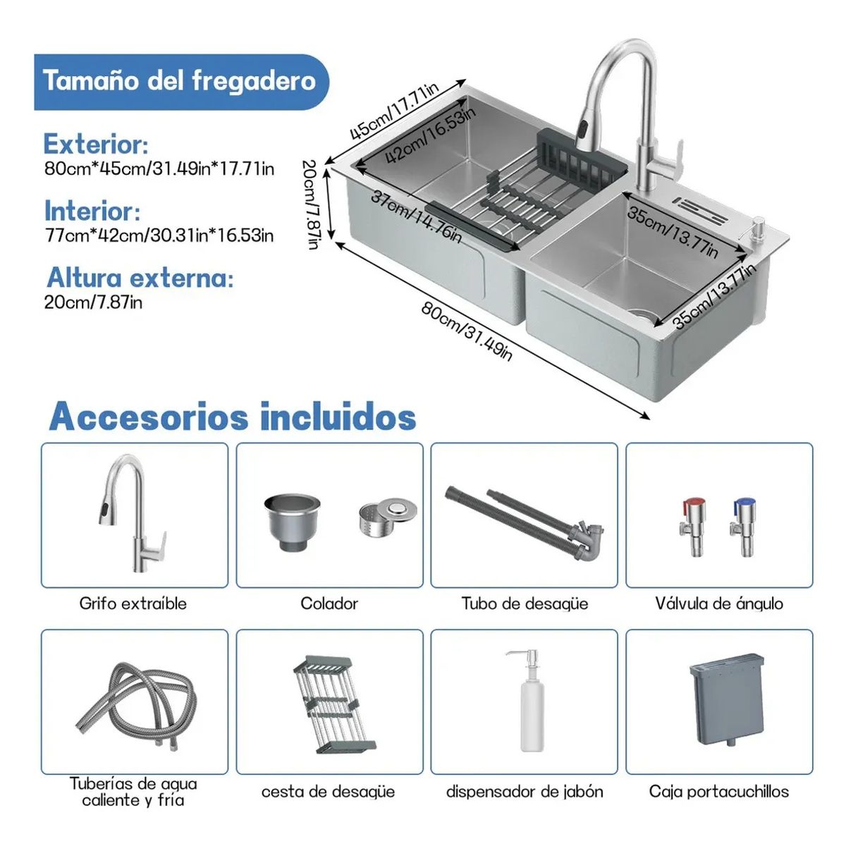 KUANGYE - Lavaplato Empotrado 80x45cm Fregadero doble tazón cocina Acero Inoxidablecon rejilla y dispensador