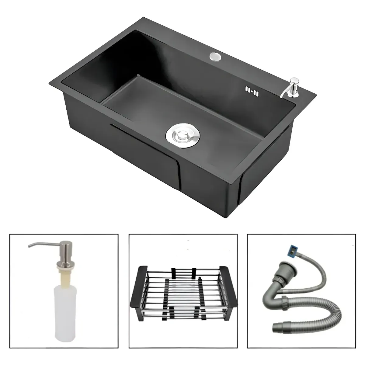 KUANGYE - Lavaplatos Sobre Cubierta 55x45cm Negro Fregadero Cocina Acero Inoxidable Con Rejilla Dispensador