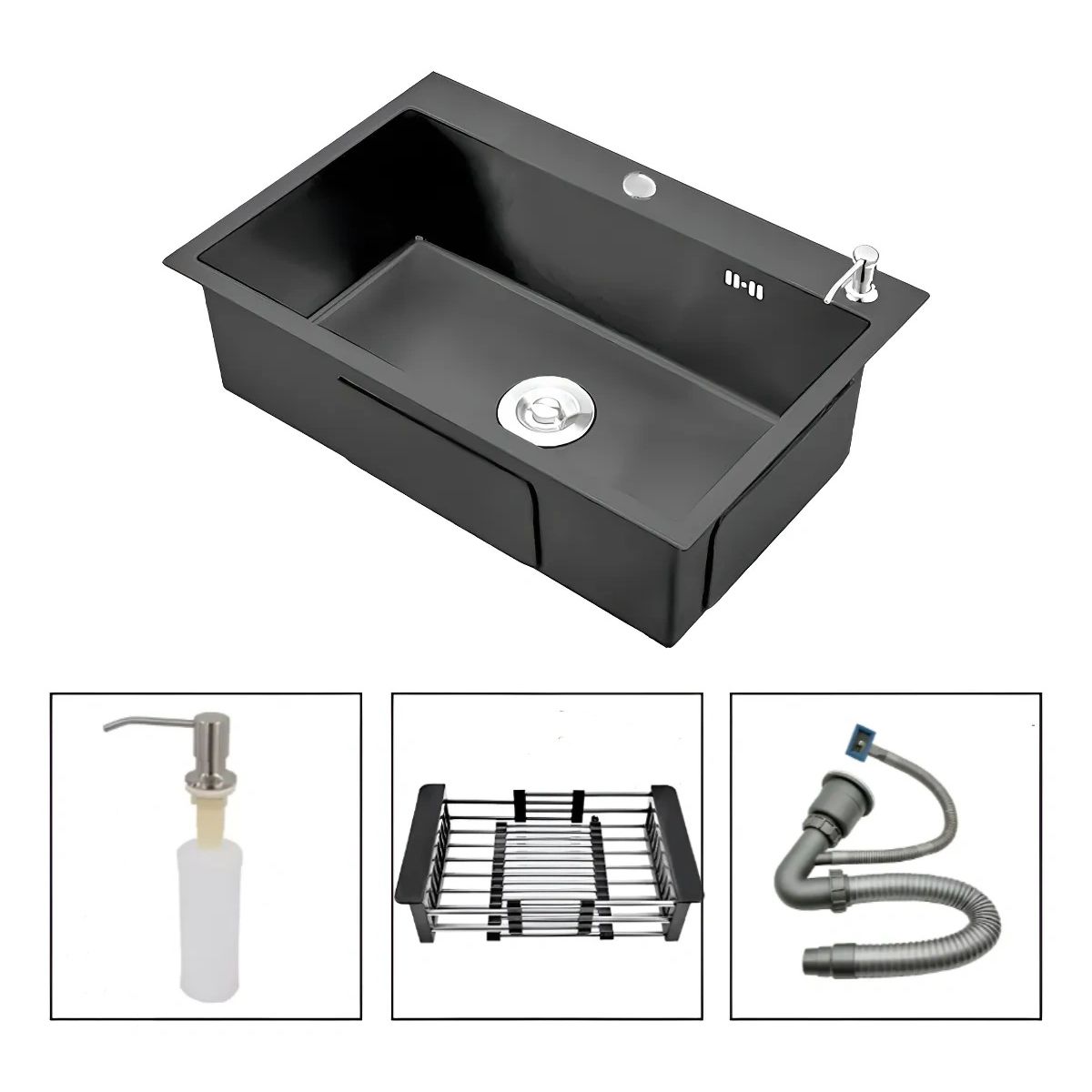 KUANGYE - Lavaplatos Sobre Cubierta 55x45cm Negro Fregadero Cocina Acero Inoxidable Con Rejilla Dispensador