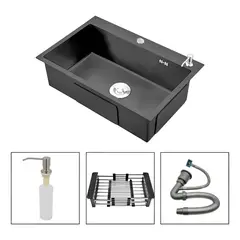 KUANGYE - Lavaplatos Sobre Cubierta 55x45cm Negro Fregadero Cocina Acero Inoxidable Con Rejilla Dispensador