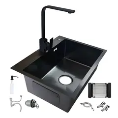 KUANGYE - Lavaplatos Sobre Cubierta 68x45cm Negro Fregadero Cocina Acero Inoxidable Con Llave+ Dispensador