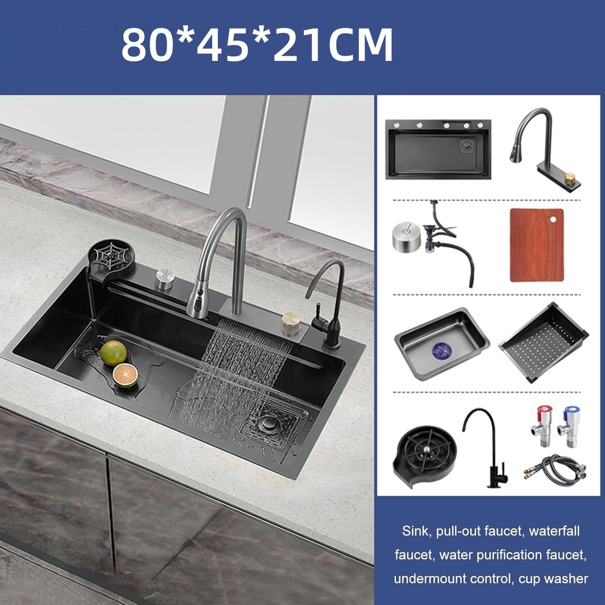 Combo Lavaplato Empotrado 80x45cm Fregadero Cocina Lujo Cascada Acero Inoxidable Con Accesorios, marca KUANGYE - Foto 2