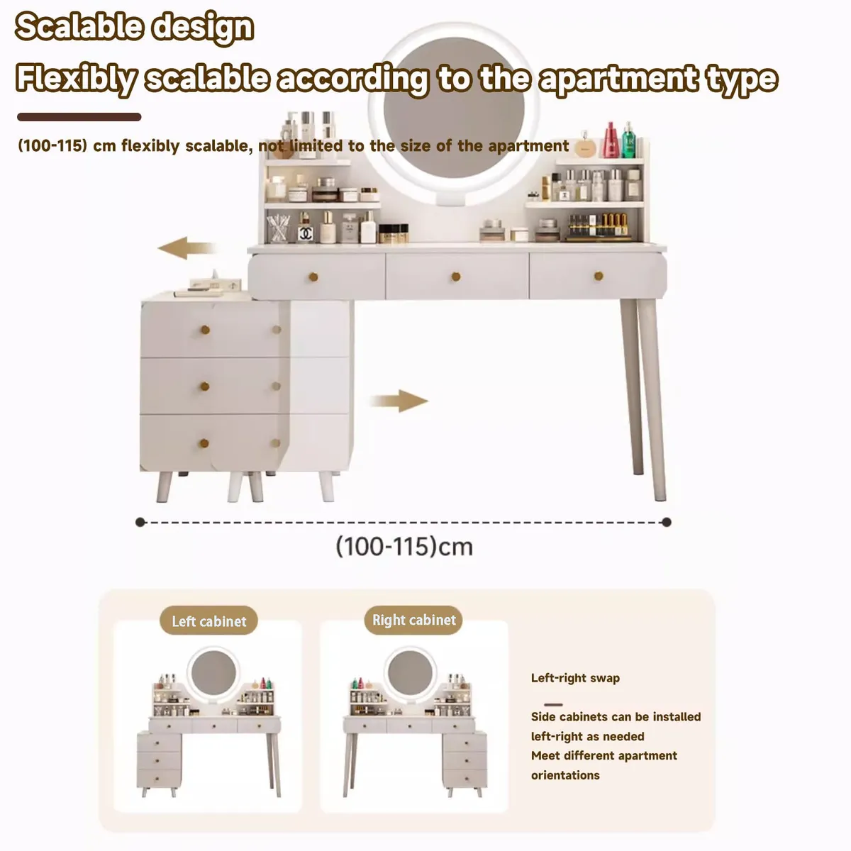 COZYNOOK - Tocador Espejo Con Luz Ajustable (100-115) x 40 x 120CM Blanco