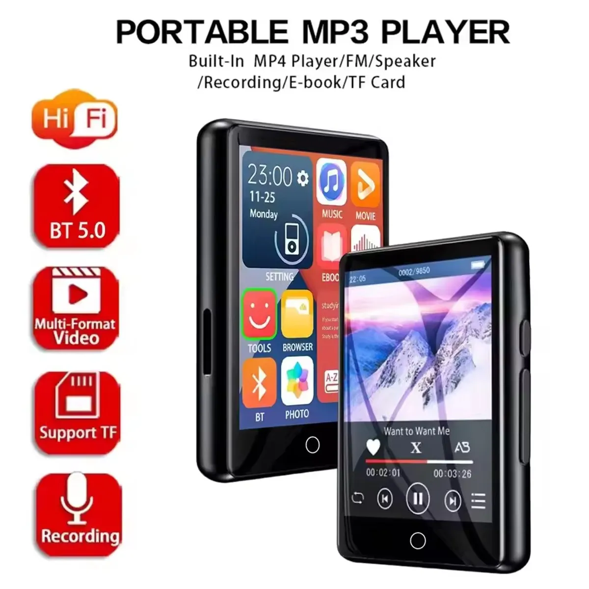 CORRERREY - Reproductor de MP3 de 64 GB + 4 GB Bluetooth 5.0 con pantalla completamente táctil de 2,5 pulgadas