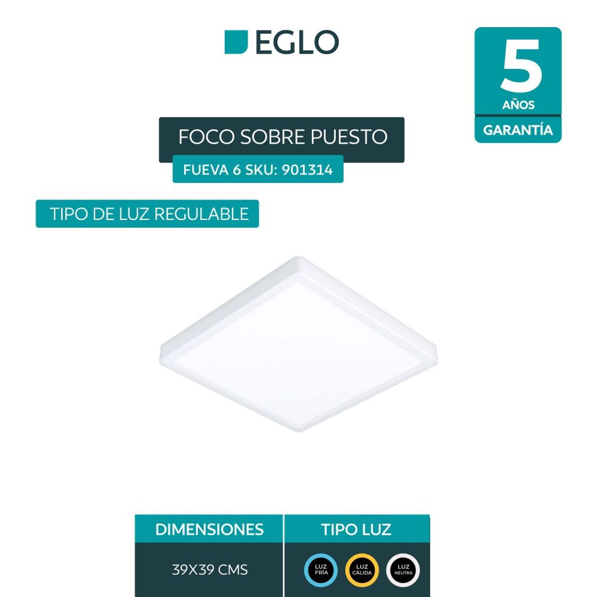 EGLO - Foco Plafon Sobrepuesto Led Regulable Calida Neutra Fria 39x39cm 18w