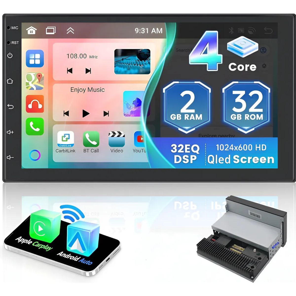 KUANGYE - Radio 7in Carplay Android Auto 1 Din Qled 2+32bg Inalámbrico