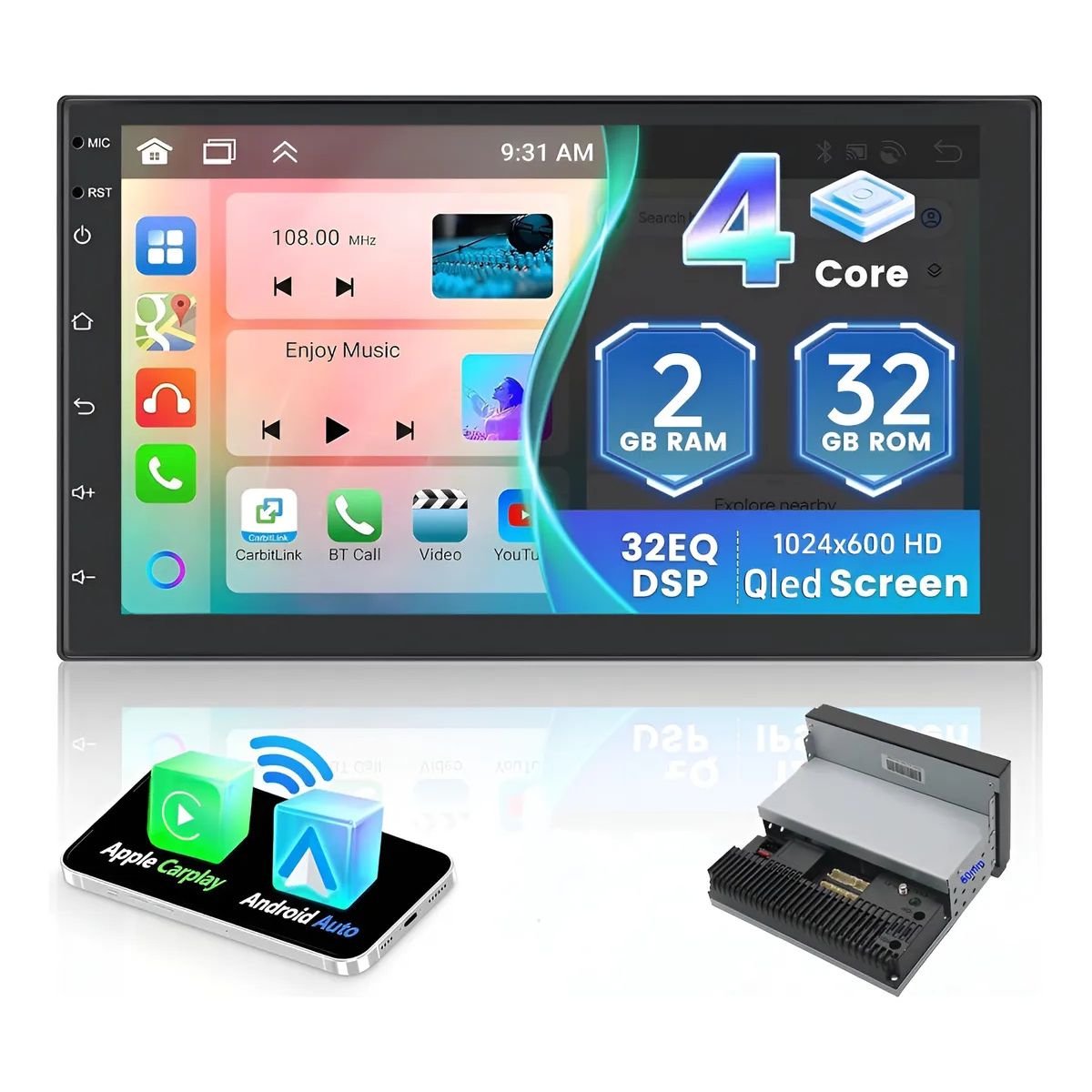 KUANGYE - Radio 7in Carplay Android Auto 1 Din Qled 2+32bg Inalámbrico