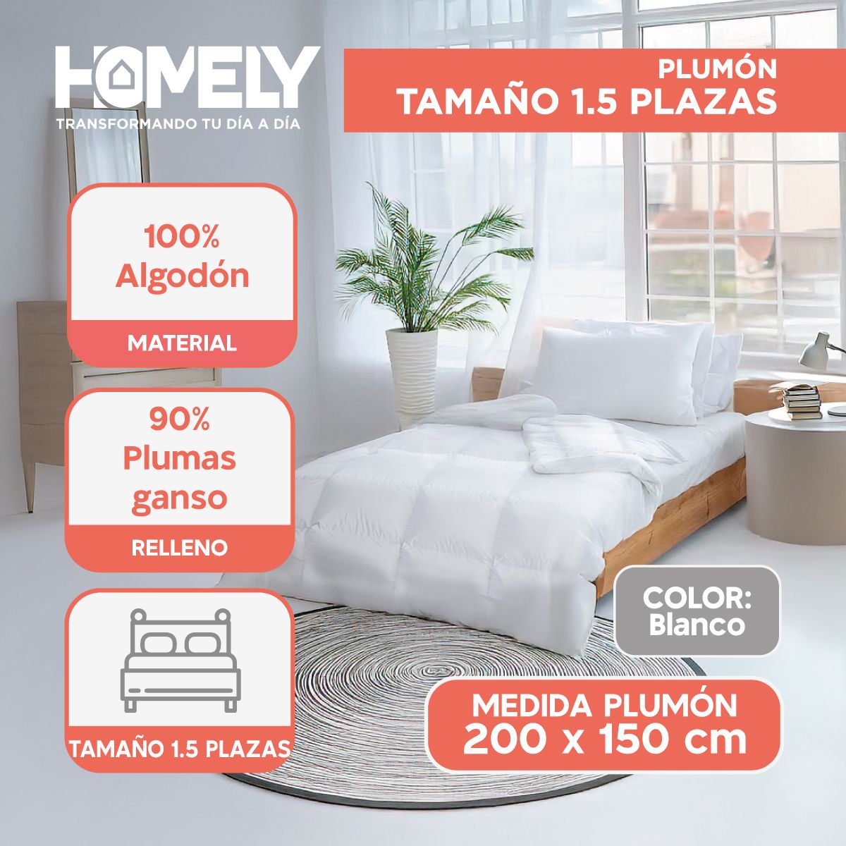 HOMELY - Cubrecama Cobertor 1.5 Plazas 90% Pluma Pecho Ganso Homely