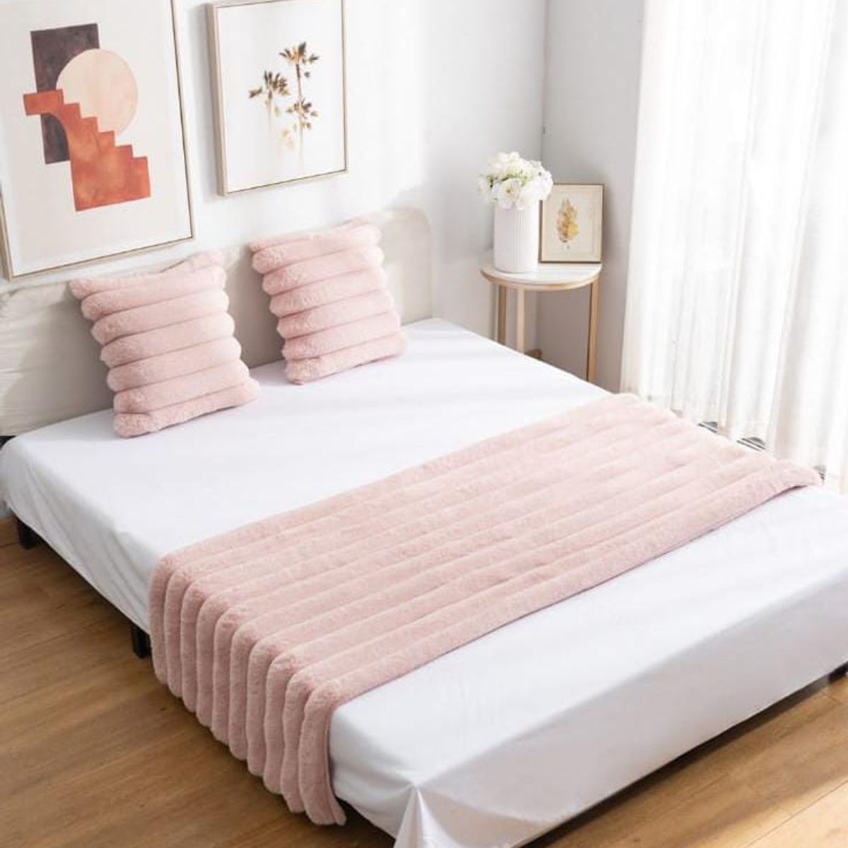 GENERICO - Piecera de Cama Decorativa Peludo + 2 Fundas de cojín  Estilo Moderno y Elegante