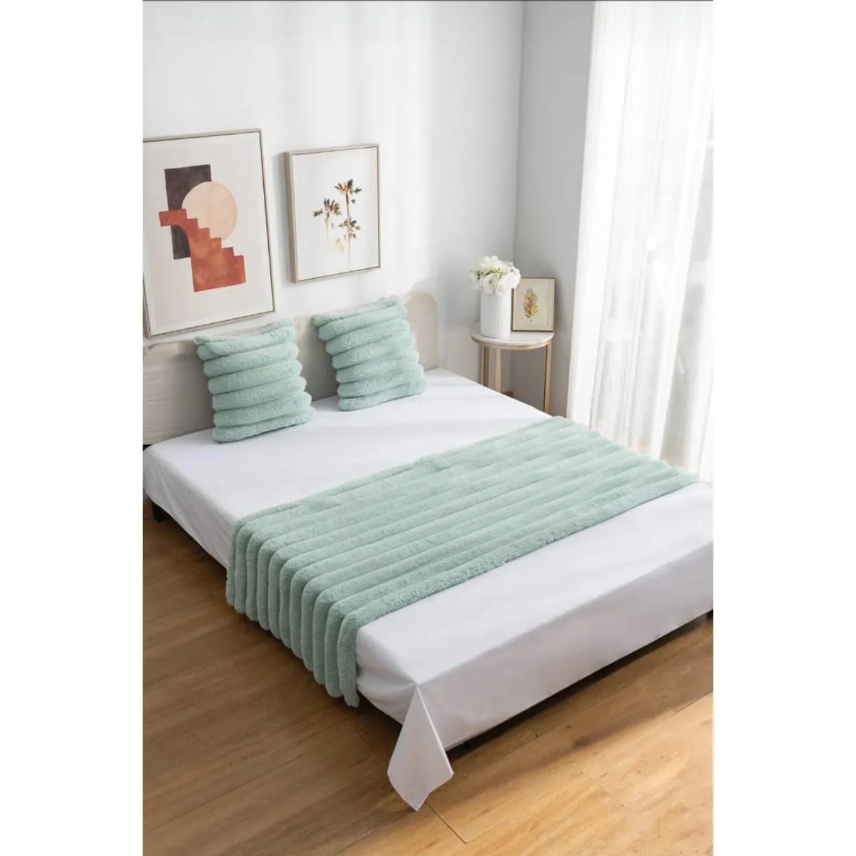 GENERICO - Piecera de Cama Decorativa Peludo + 2 Fundas de cojín  Estilo Moderno y Elegante