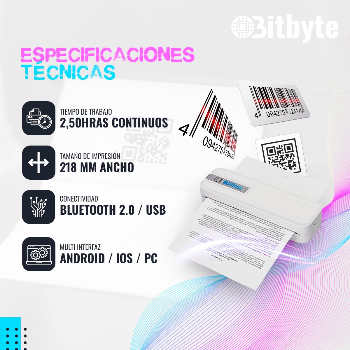 BITBYTE - Impresora Térmica Portátil Blanca Bitbyte sin uso de tinta