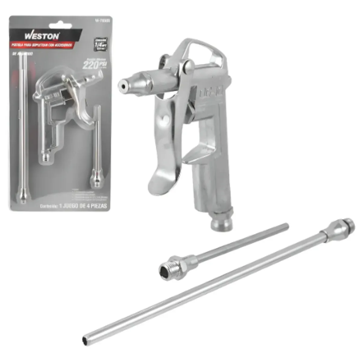GENERICO - Pistola Para Sopletear Con Accesorios (jgo. 4 Piezas) Color Plateado