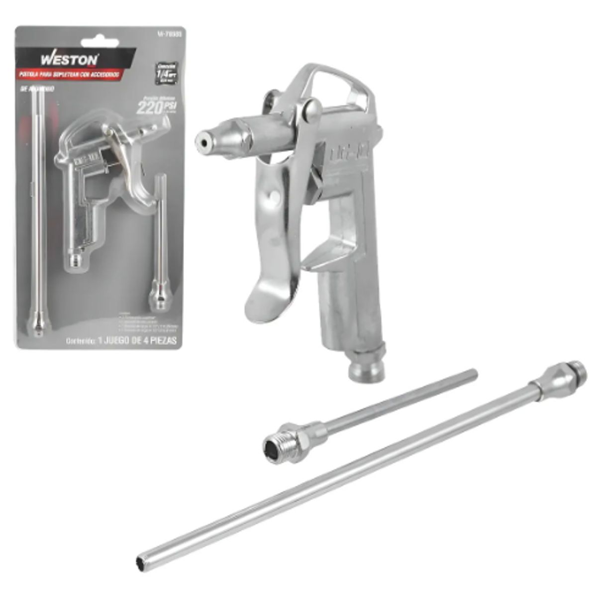 GENERICO - Pistola Para Sopletear Con Accesorios (jgo. 4 Piezas) Color Plateado