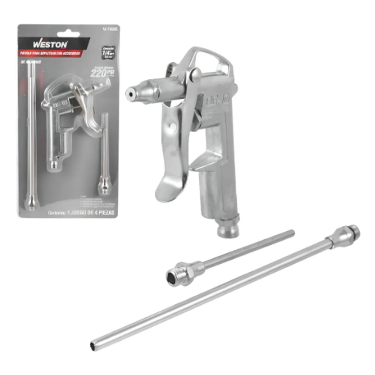 GENERICO - Pistola Para Sopletear Con Accesorios (jgo. 4 Piezas) Color Plateado