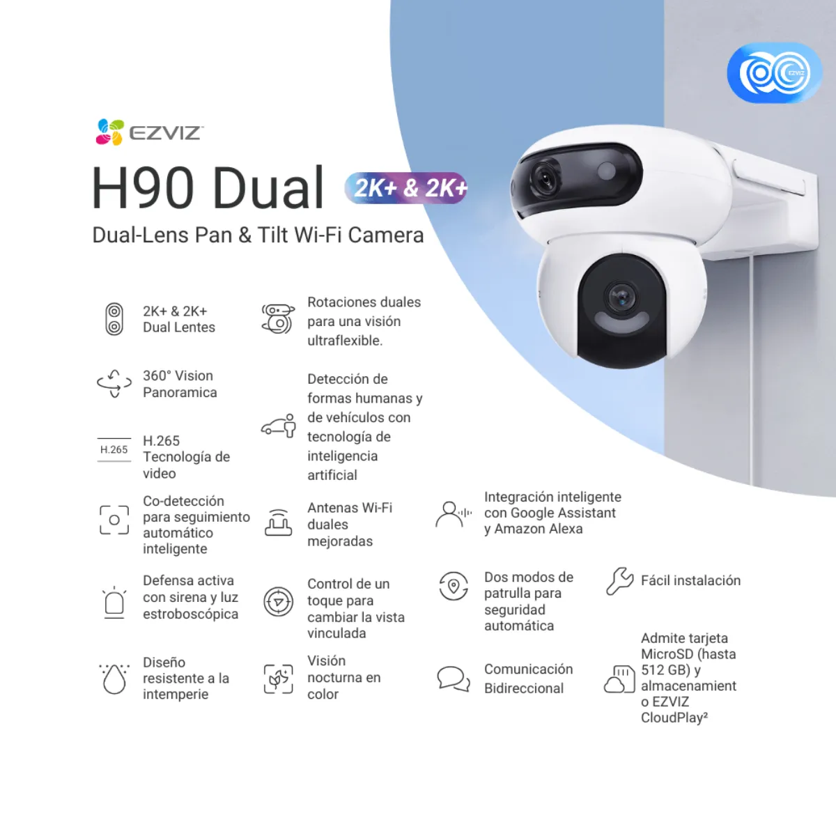 EZVIZ - Cámara Ezviz Wifi H90 Pt Dual Autotracking 2k+ Color Alarma Audio