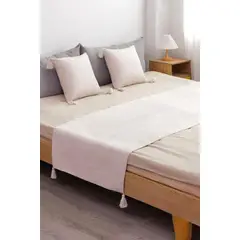 GENERICO - Piecera de Cama Decorativa de Lino con pompom + 2 Fundas de Cojin Estilo Moderno y Elegante