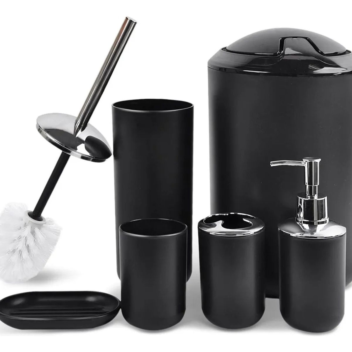 EVERSO - Juego Accesorios Set De Baño 6 Piezas Inoxidable Cepillo Wc Negro