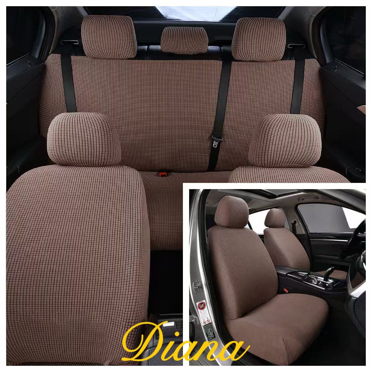DIANA - FUNDA PARA ASIENTO DE AUTO UNICOLOR CAFE CLARO TELA CUADRILLE  TAMAÑO UNIVERSAL