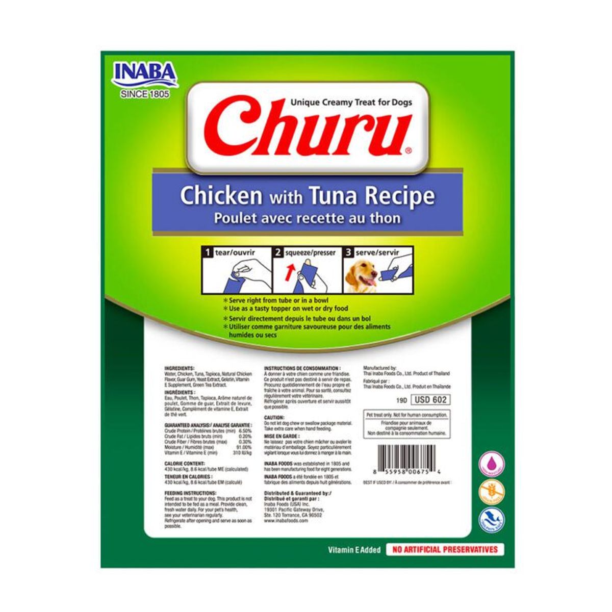 INABA - Snack Cremoso Inaba Churu Perro Sabor Pollo y Atun 8 Tubos